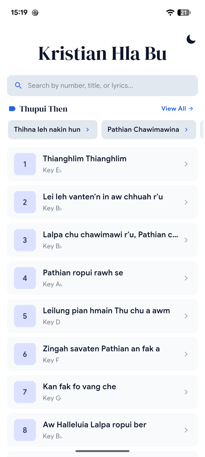 The hymn list, showing hymns by number and title with a search field at the top.